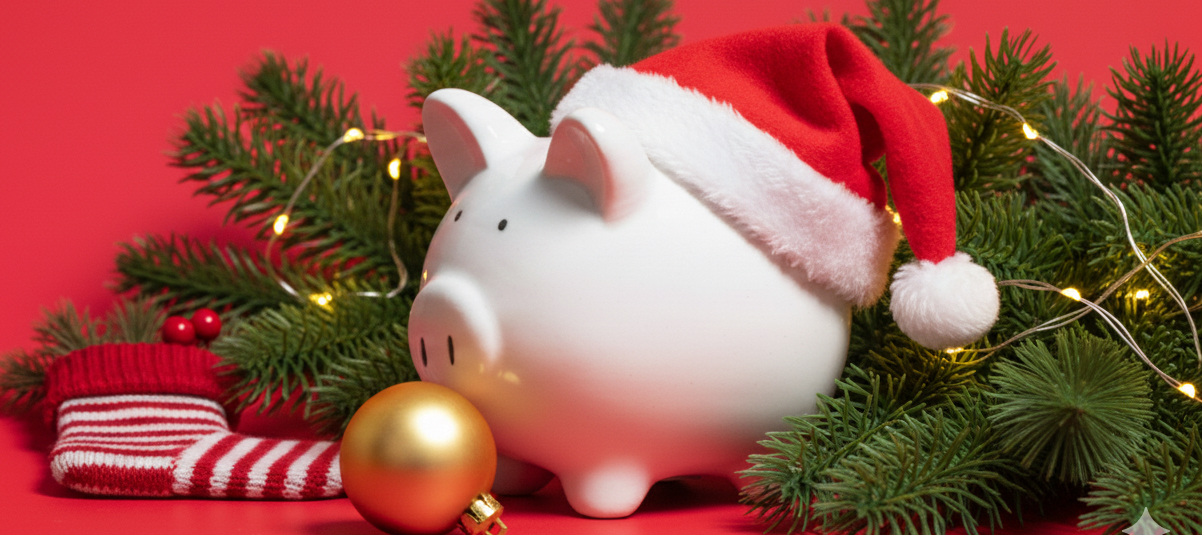 Tirelire blanche coiffée d’un bonnet de Noël, entourée de branches de sapin et d’une boule dorée, symbolisant un party de bureau brunch festif à petit budget.